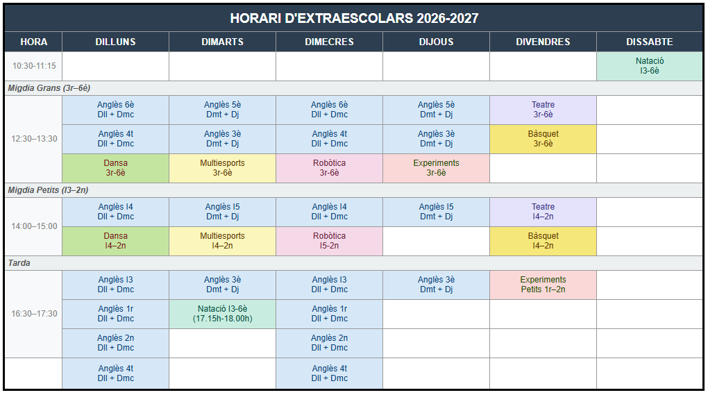 Horari d'extraescolars 2026-2027